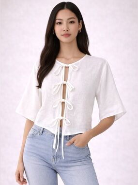 ZARA Linen Tie Front Blouse White Short Sleeve Top XS